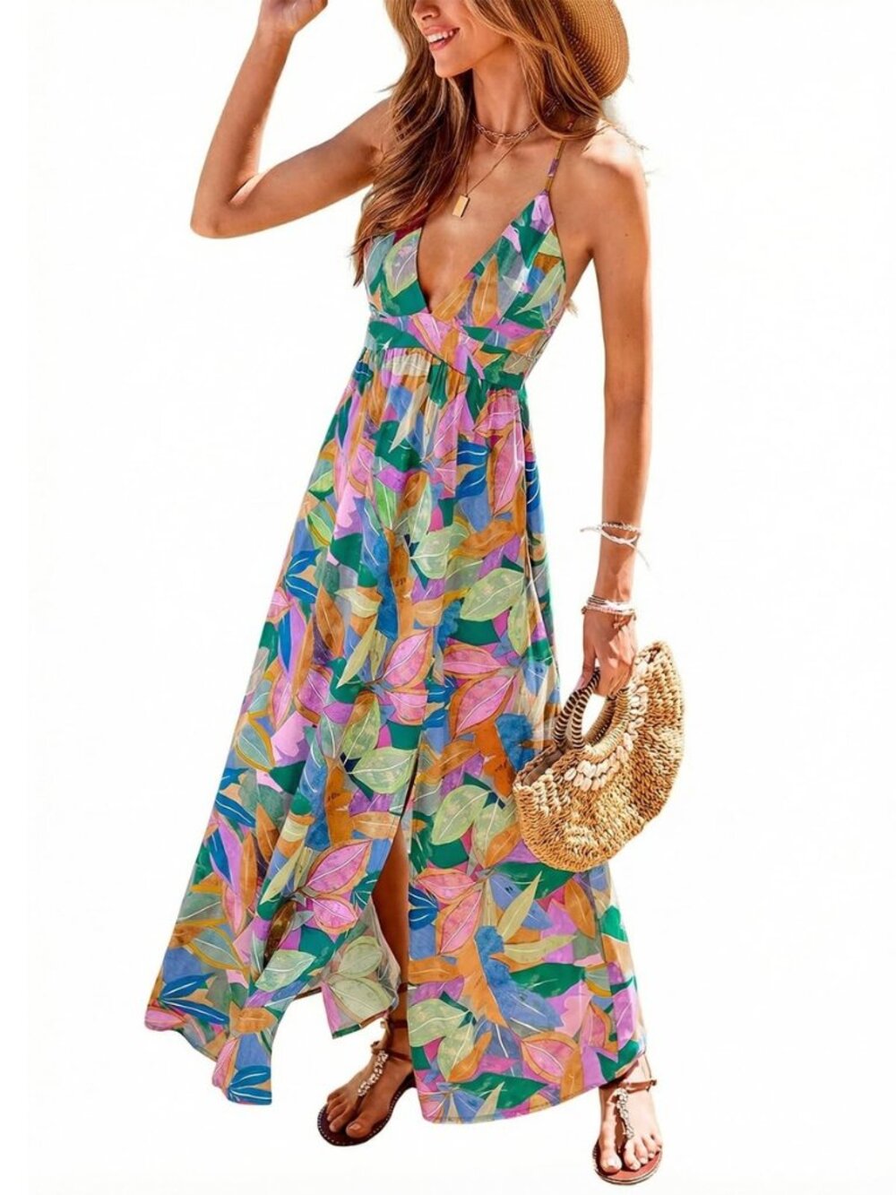Women's Boho Paisley Tropical Deep V-Neck High Slit Maxi Dress